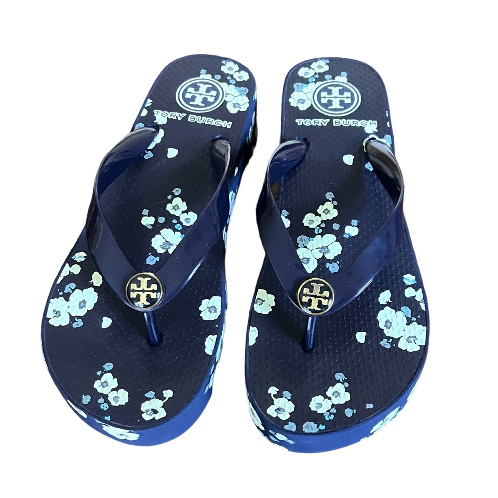 Tory Burch Black Floral Platform Thong Sandals - Picture 3 of 12